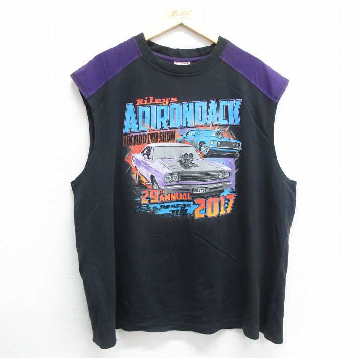 XL/古着 ノースリーブ Tシャツ ADIRONDACK ホットロッド 車 ツートンカラー 大きいサイズ コットン クルーネック 黒他 ブラック 24jun25 中
