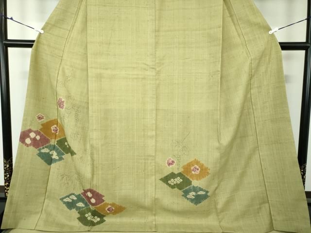 平和屋着物○生紬 訪問着 絞り 手描き 葡萄蔦の葉菱文 正絹 逸品