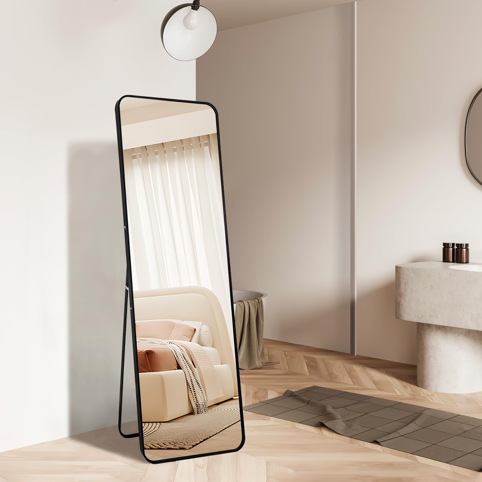 OWLKELA 全身鏡 割れない姿見鏡 スタンドミラー 壁掛け 全身ミラー おしゃれ かがみ 丸角 飛散防止 アルミ合金フレーム 等身大鏡 幅50×高さ160cm ブラック