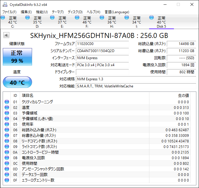 SKHynix | M.2 NVMe SSD 2242 | PCIe3.0×4 | 256G | 95% / y21 | HFM256GDHTNI | sk【632】