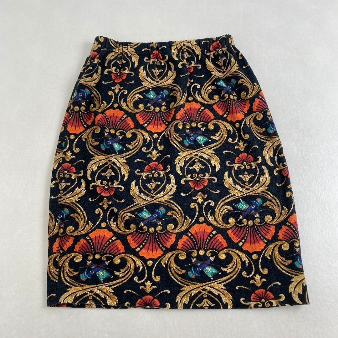 エルメス スカート ニット 総柄 ウエストゴム XS HERMES バロック柄 コットン ブラック