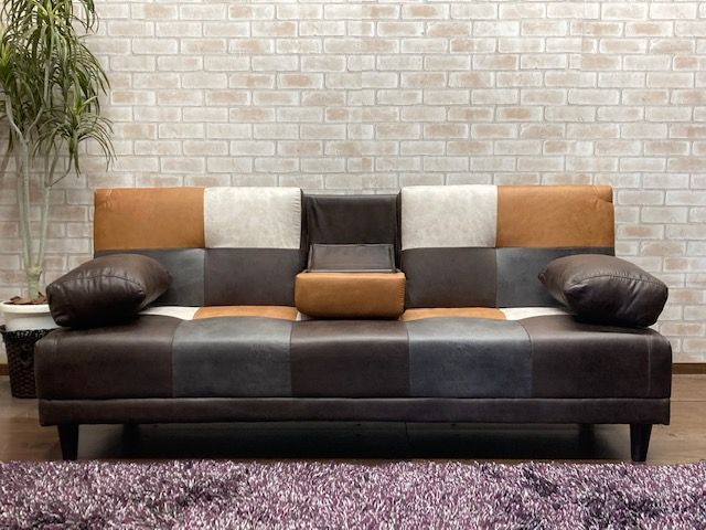 ソファベッド 小テーブル付き パッチワーク柄 クラシカル ソファ