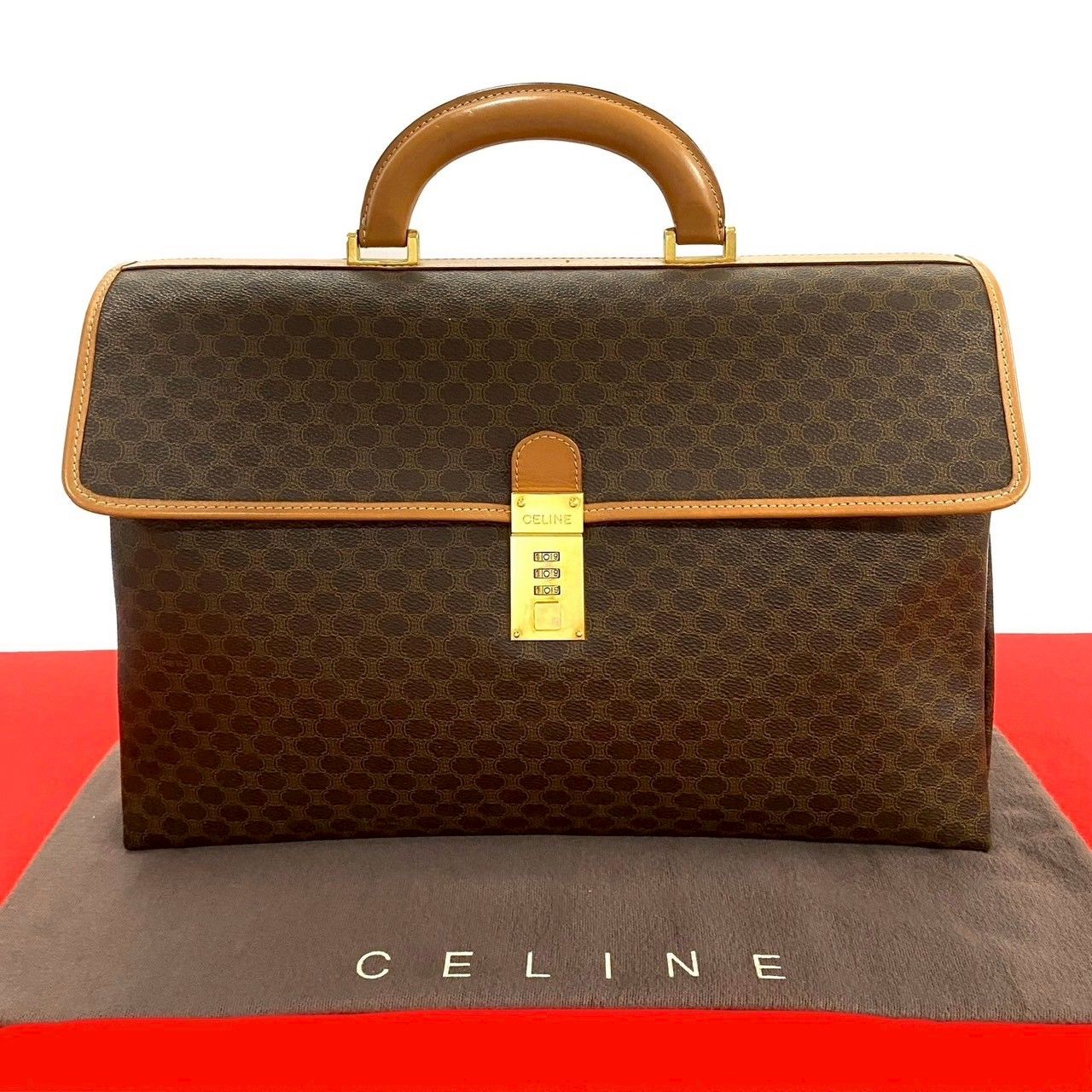 CELINE セリーヌ ヴィンテージ マカダム 柄 ロゴ 金具 レザー ビジネスバッグ ブリーフケース ハンドバッグ ブラウン 41960