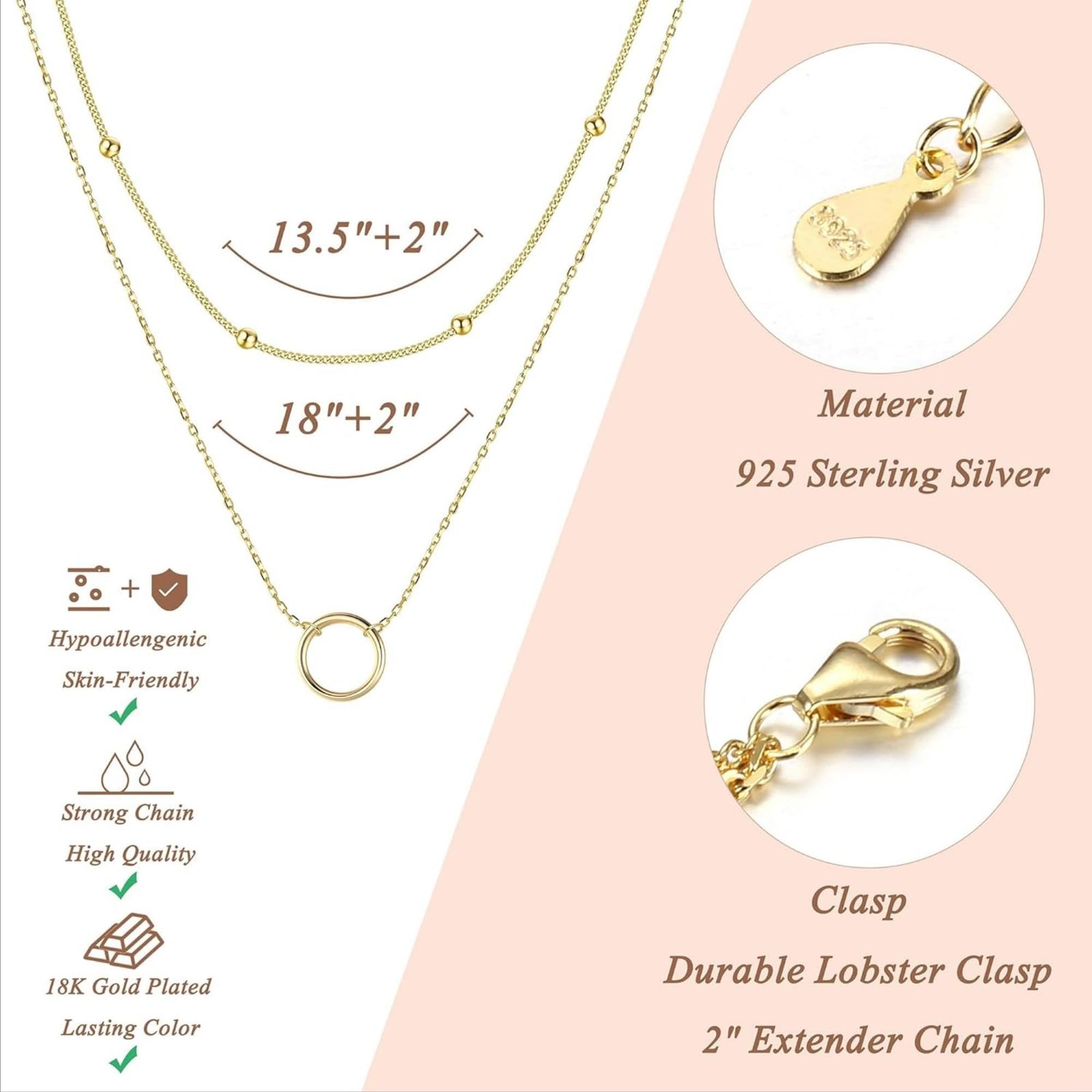 [LOYALLOOK] 18K ネックレス レディース 人気 925 ネックレス 金属アレルギー対応 ゴールド 2連ネックレス 女性 スターリングシルバー ラウンド ペンダント ネックレス ダブルチェーン チョーカー ネックレス ギフト ゴールド