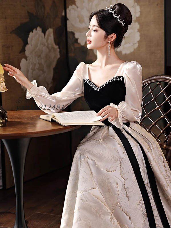 ドレス 大人 ピアノ 発表会 ロングドレス 大きいサイズ 長袖 演奏会 結婚式 袖付き yan5a912481