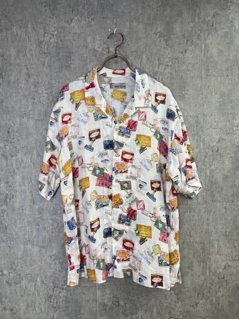 中古】日本製 PAPAS ﾊﾟﾊﾟｽ ｵｰﾌﾟﾝｶﾗｰ ｼｬﾂ ｱﾛﾊ ﾘﾈﾝ 総柄 ｽﾀﾝﾌﾟ ﾀｸﾞ