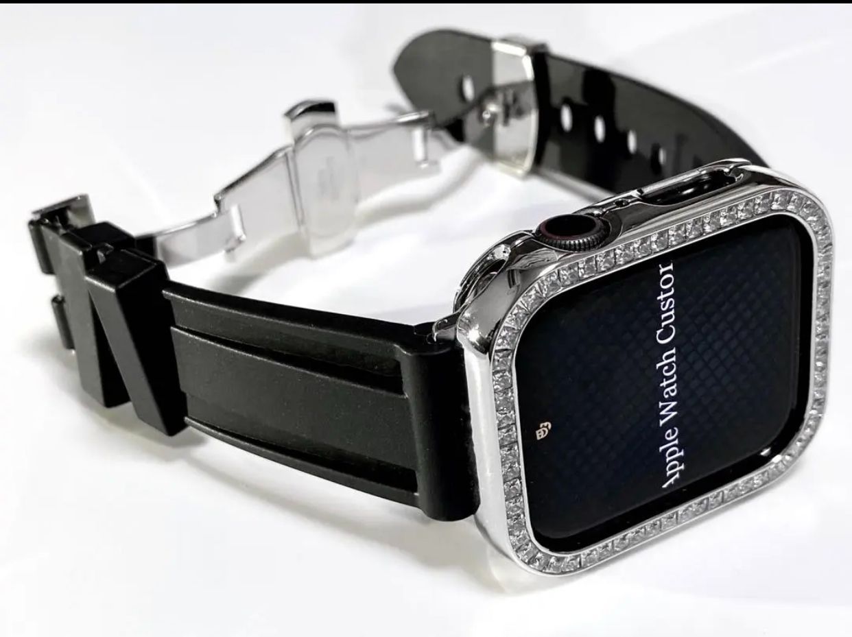 シルバーブラック44mm AppleWatchキラキラカバーアップルウォッチラバーバンド