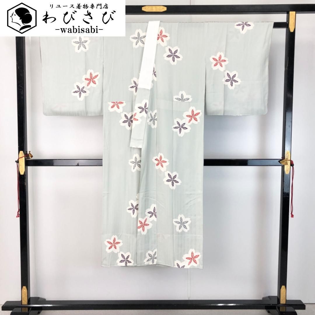 長襦袢 単衣 花模様 青白磁色 半衿付 J-345