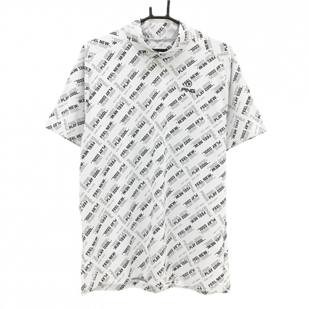 超 ピン 半袖ハイネックシャツ 白×黒 ロゴ総柄 メンズ LL ゴルフウェア 2025年モデル PING