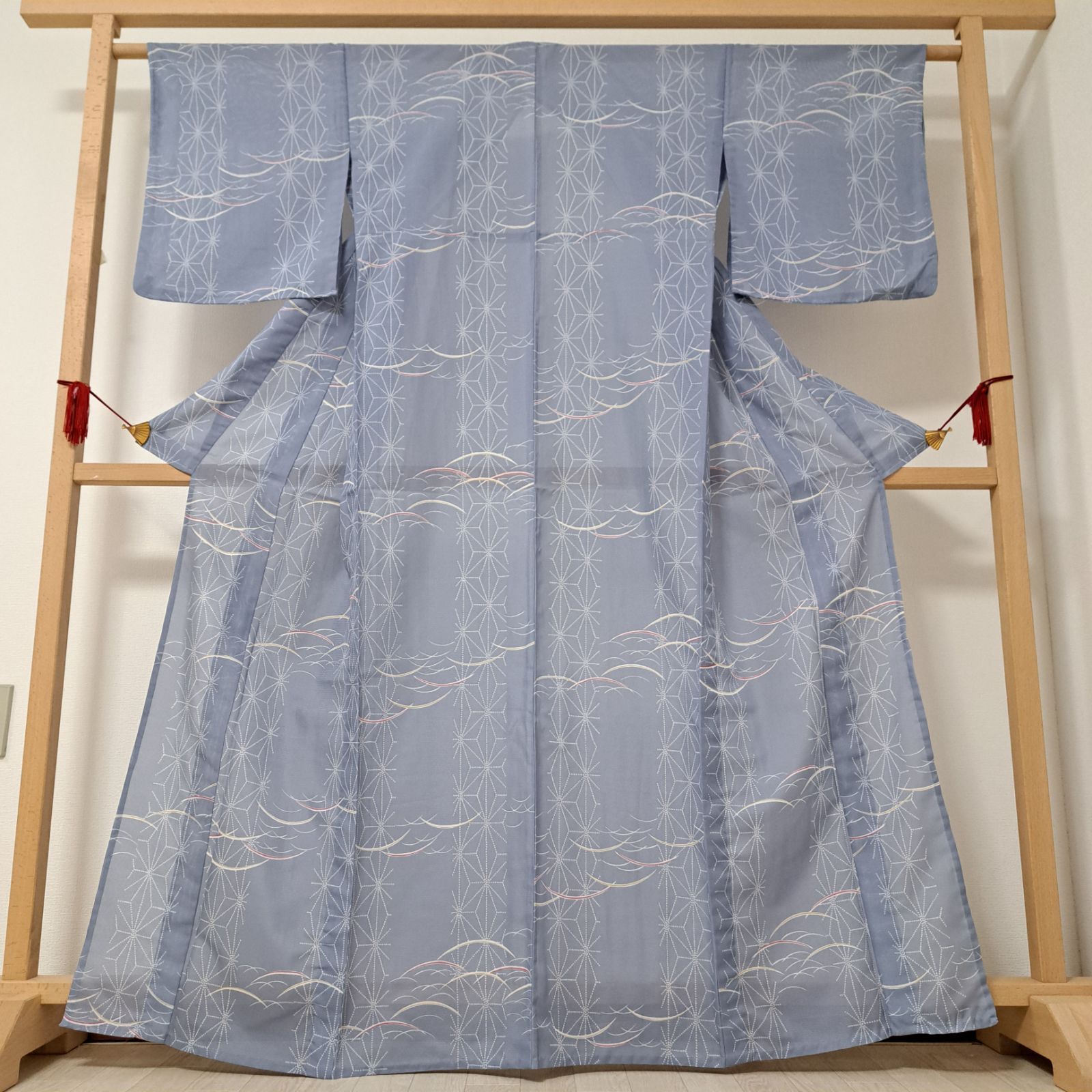 m1014＊美品 洗える夏着物 薄物 麻の葉 小紋 美品 洗える夏着物 麻の葉 絽 小紋 着物 A3259 - メルカリ