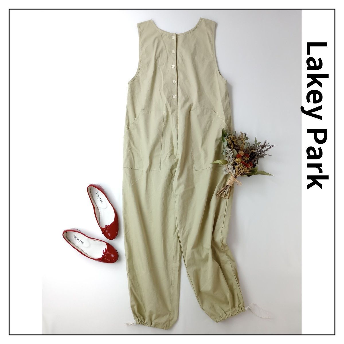 Lakey Park CANAL JEAN キャナルジーン 前ボタン タンク サロペット パンツ オールイワン コットン 綿 100％ ONE ライトカーキ系 ベージュ系 114Y＋5131 26H