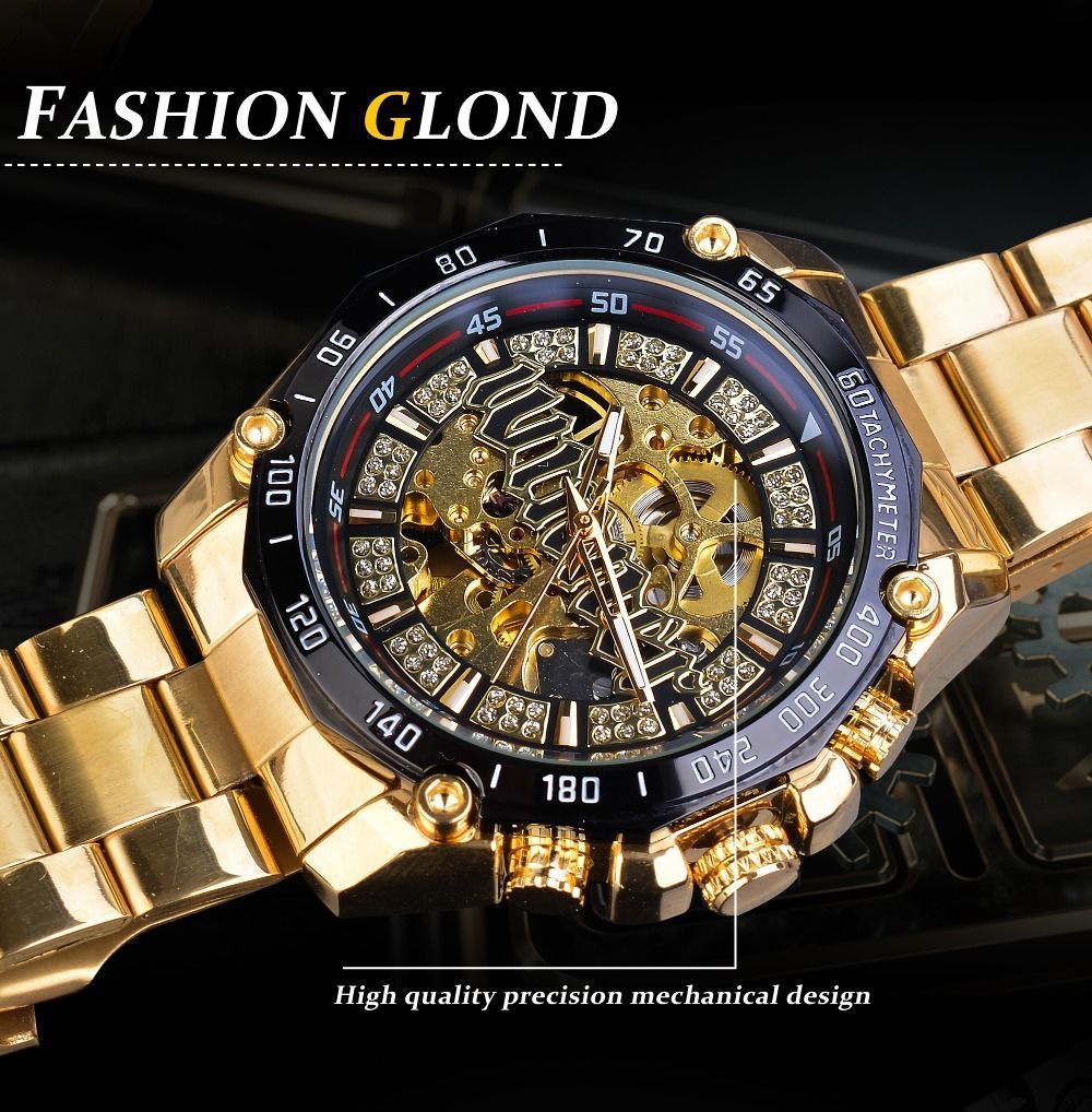 新品 送料無料 3D ゴールドフルスケルトン自動巻き機械式腕時計 