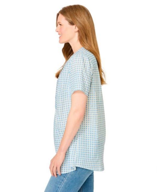  ウーマン ウィズイン レディース シャツ トップス Women s Plus Size Pintucked Half-Button Tunic French blue gingham 長袖 シャツ ブラウス