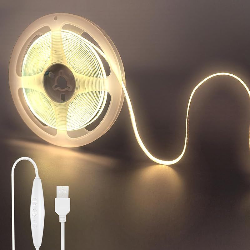 クリアヒル（Clearhill）5V COB LEDストリップライト 調光スイッチ付き 5M ナチュラルホワイト 4000K LED320個/M 強力な光 幅8mm 非防水IP20 1.5MUSBスイッチケーブル DIY 家庭のインテリア用 0