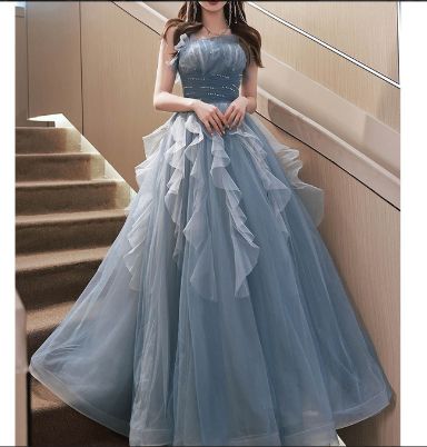 ドレス プリンセスライン 青 ブルー パフスリーブ 長袖上品 ロングドレス ウェディングドレス 結婚式 二次会 花嫁 前撮り 演奏会 発表会 ステージ衣装 シフォン ふわふわ 1241sjk