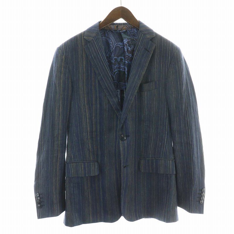 エトロ ETRO テーラードジャケット シングル 背抜き ストライプ サイドベンツ 裏地ペイズリー 麻 リネン 絹 シルク 48 M~L 紺 ネイビー /NW17