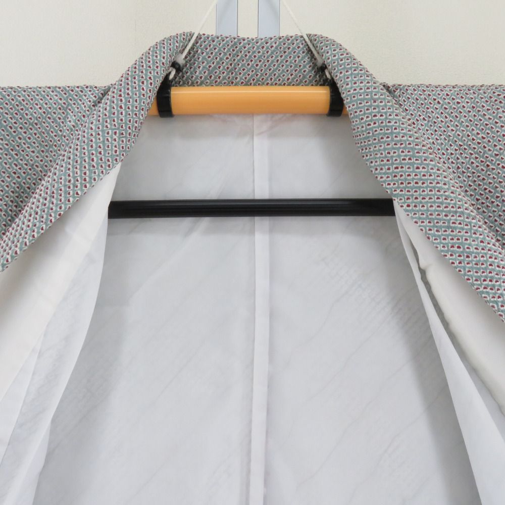 小紋 袷 広衿 グレーブルーxワインレッド 総絞り 鹿の子模様 小柄