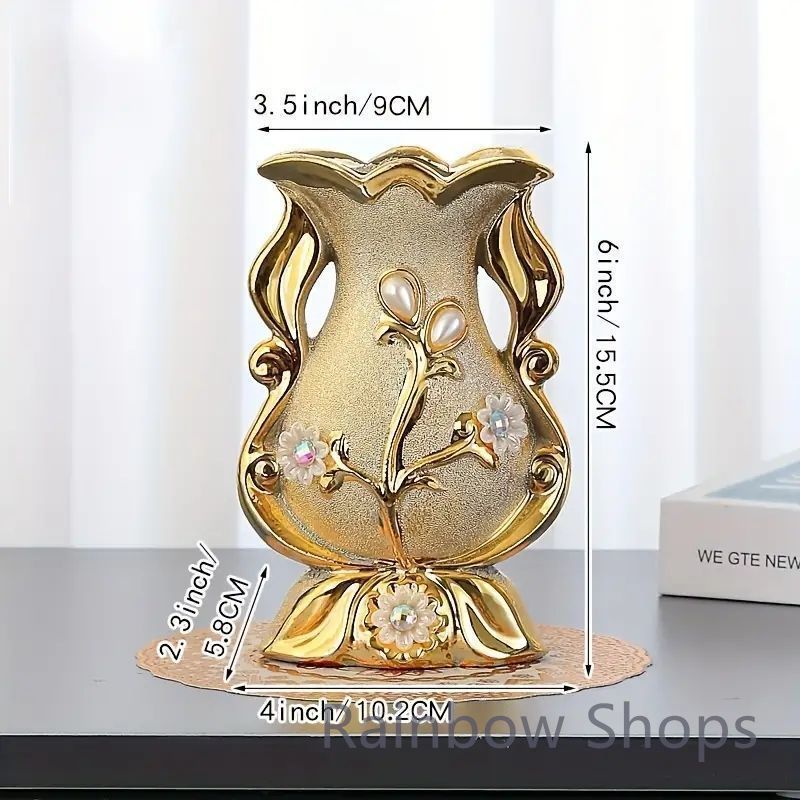 未使用 大型 ボヘミアクリスタル チェコ製 花瓶 フラワーベース 新品未使用】ゴールドセラミックフラワーベースインチのゴールド