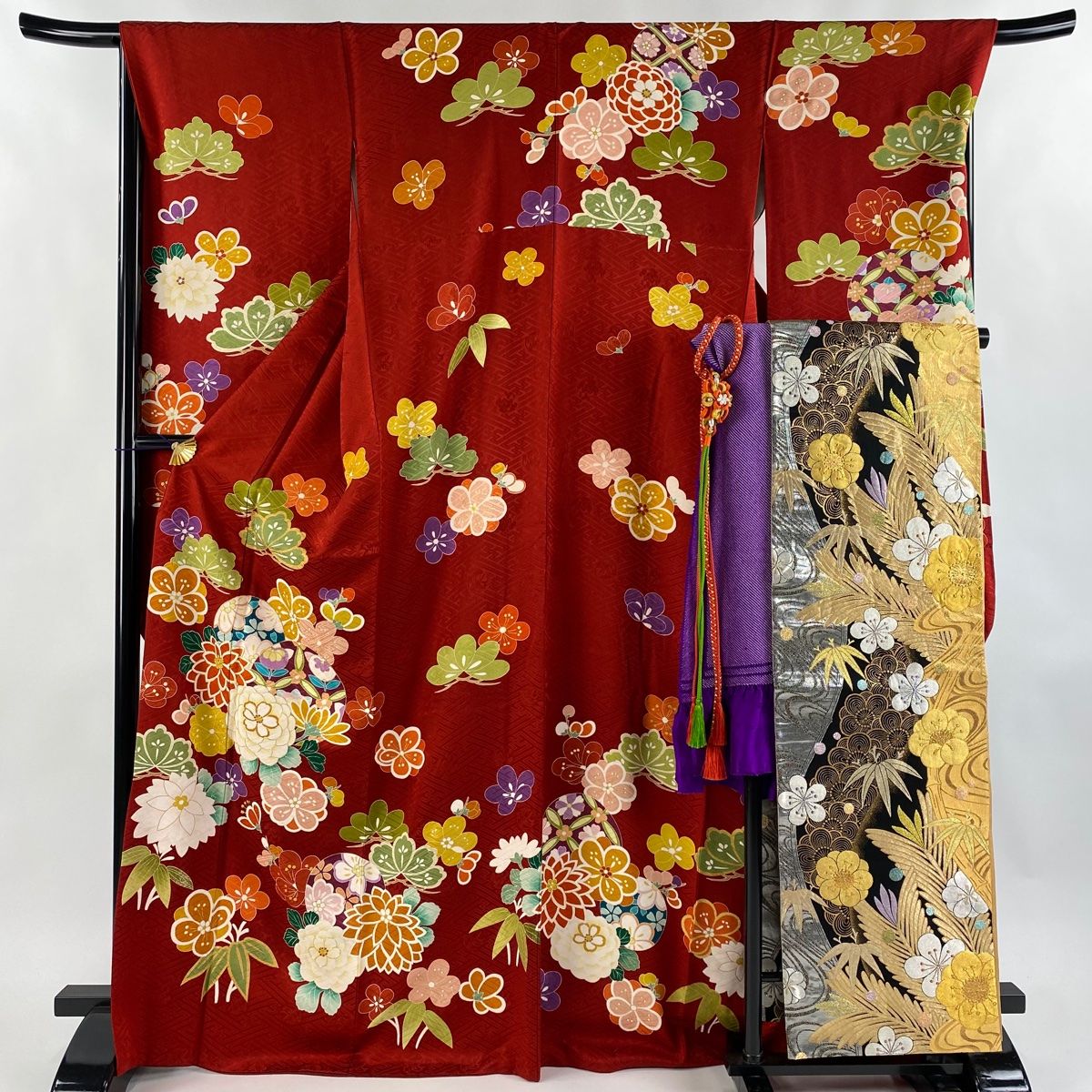 美品】 振袖 身丈168.5cm 裄丈67.5cm L 袷 袋帯フルセット 丸文 草花