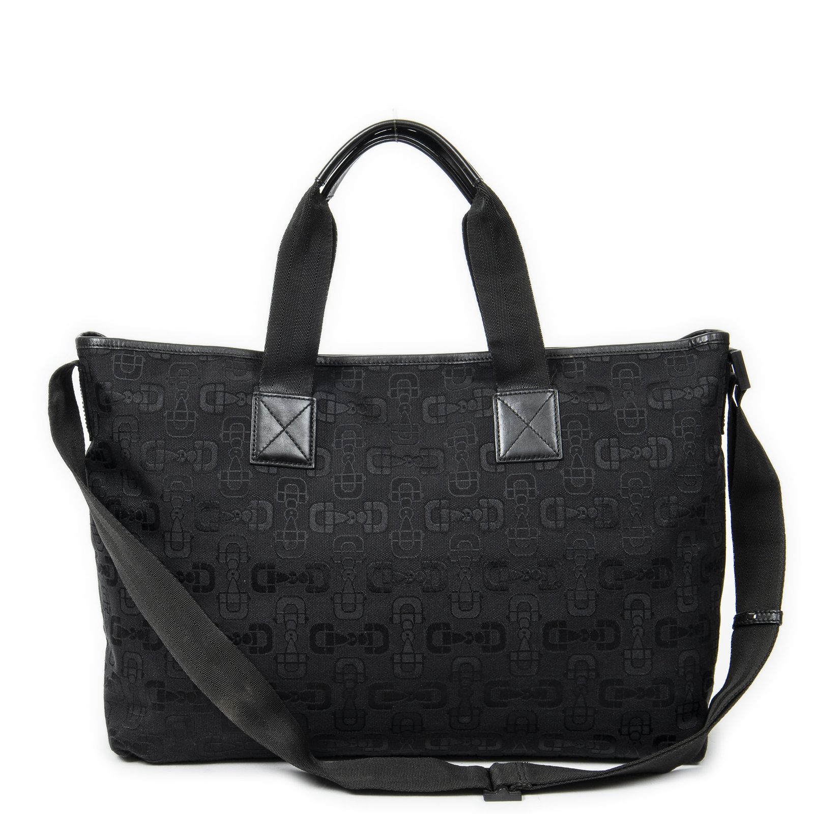 グッチミディアムソフトショッピングトート黒ホースビットプリントグキャンバスA
