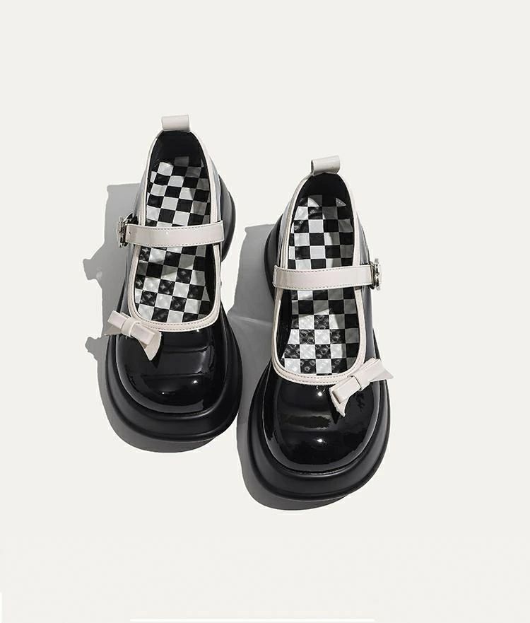 【セール】ストラップ パンプス 太ヒール 厚底 PUレザーメリージェーン靴 リボン 黒白 可愛い きれいめ 厚底靴 レディース 学生 卒業 発表会 女性用 個別調節