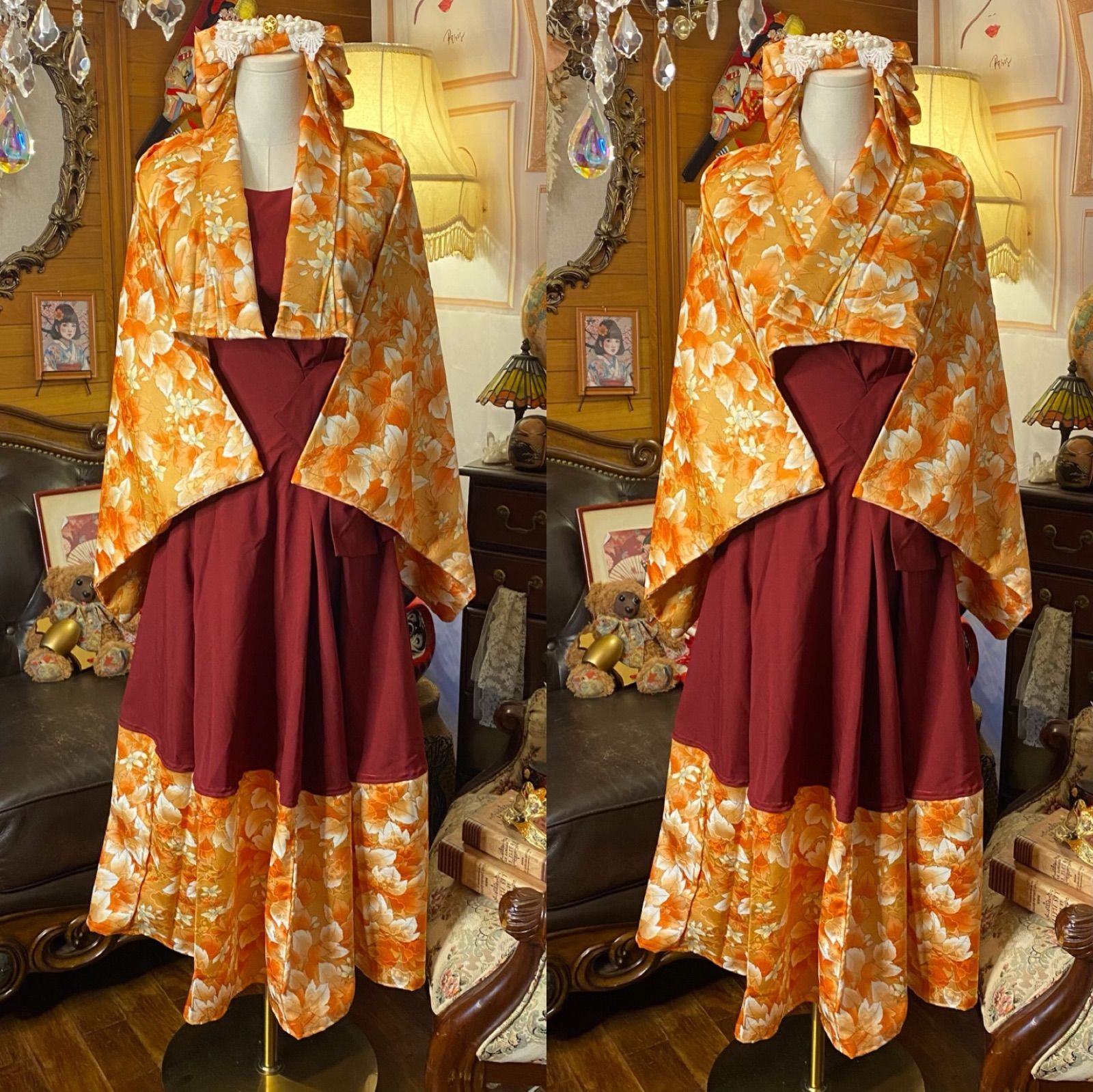 着物 ハンドメイド ワンピース パーティー ドレス 和洋折衷 コラージュ リメイク 切り替え 紅葉と花びらの間を揺れる秋の空気 O-69