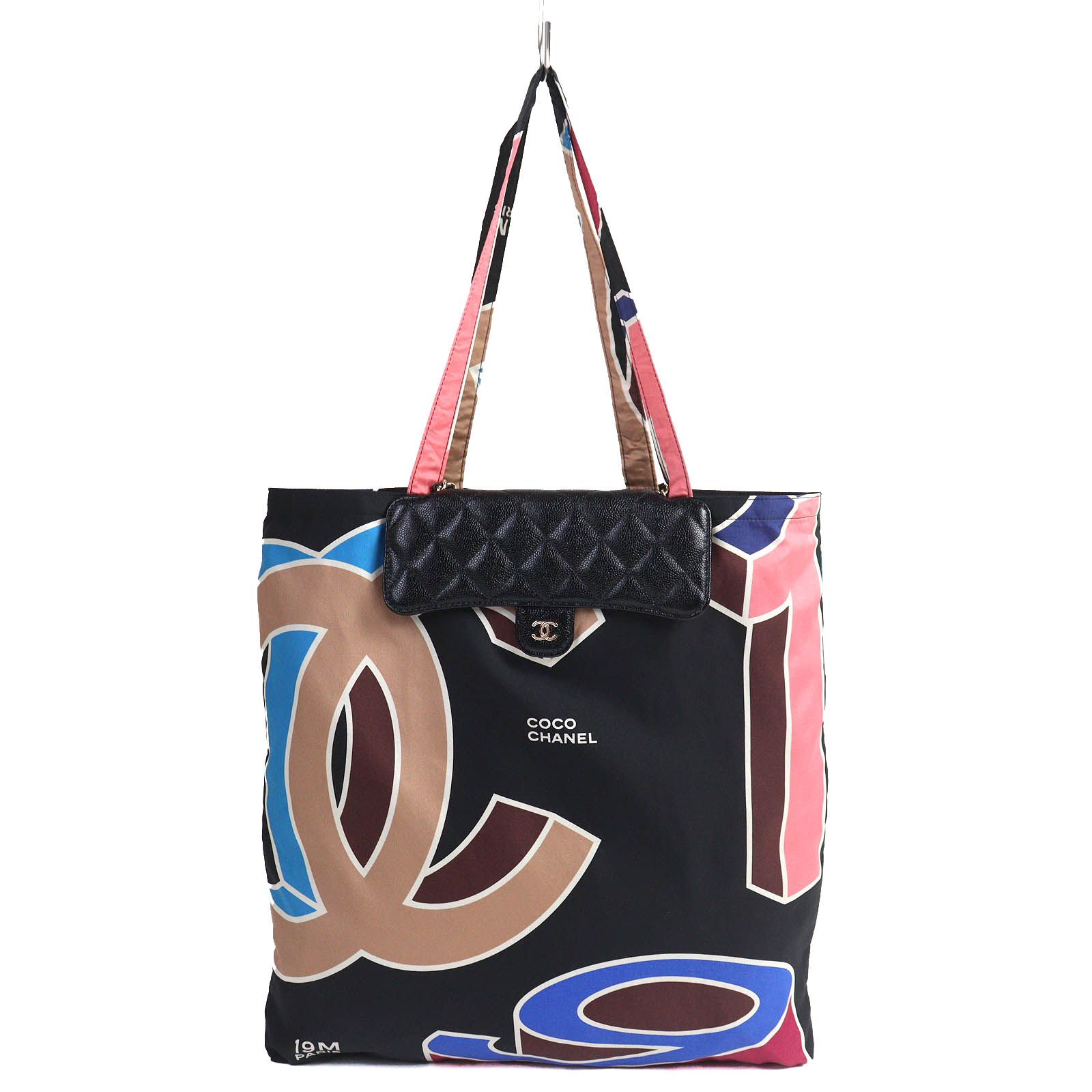 △CHANEL シャネル ココマーク キャビアスキン チェーンショルダー エコバッグ ブラック マルチカラー 箱 保存袋付き イタリア製 レディース