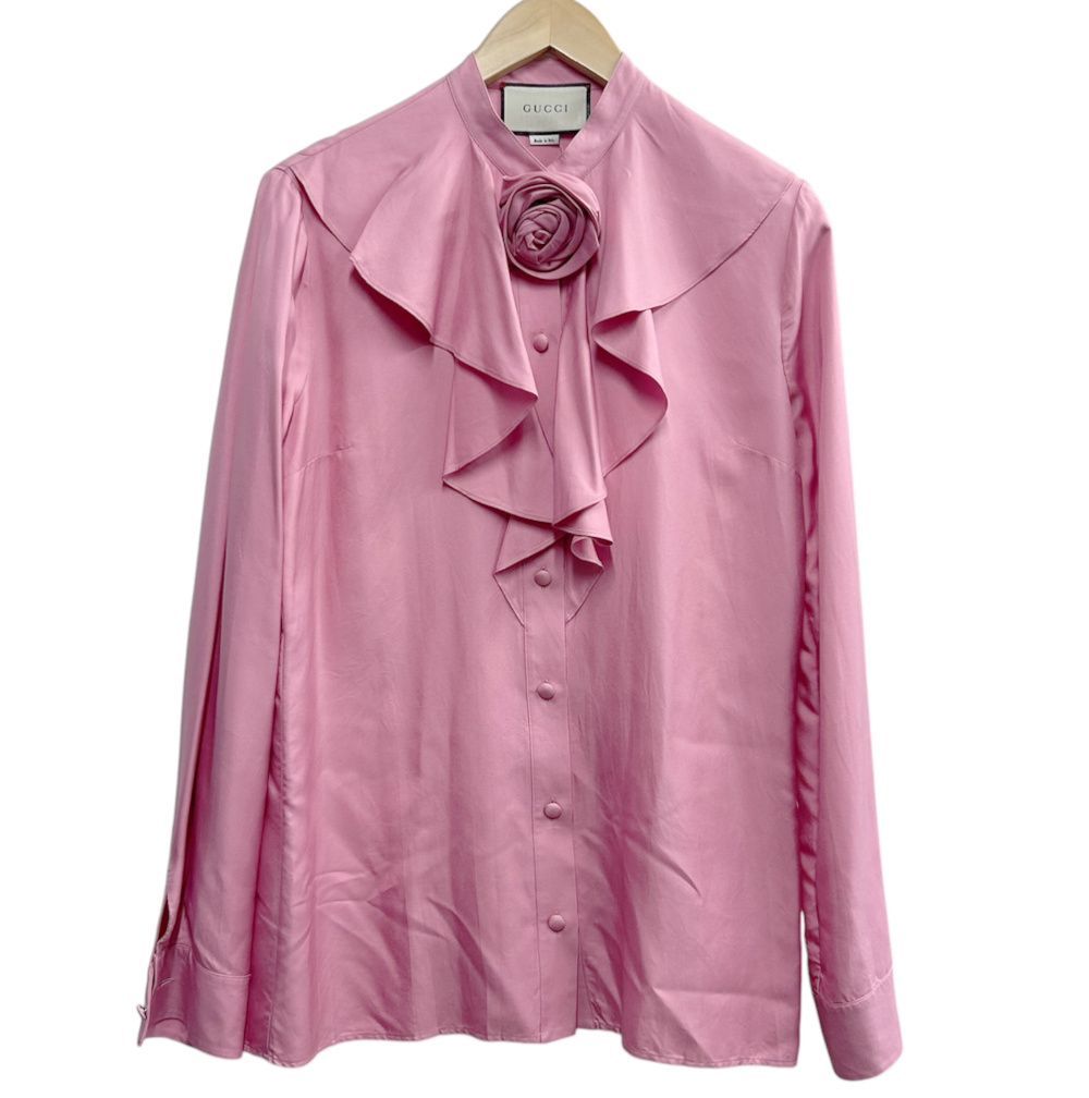 未使用タグ付きGUCCI シルク混 ブラウス 前後 両袖フリル GUCCI】グッチ『フリルタイ付 シルクブラウス size42』596710 ZAAOG