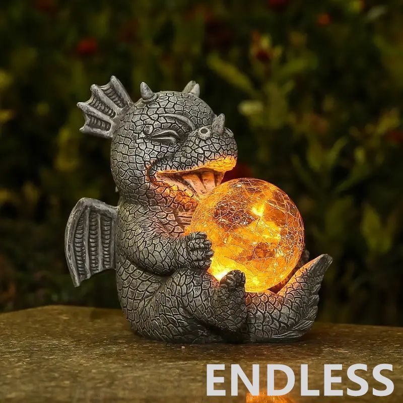 【新品未使用】ドラゴンガーデン彫像、樹脂ドラゴンベビー保持マジックオーブソーラー LED ライト置物、屋外春ギフトオーナメント