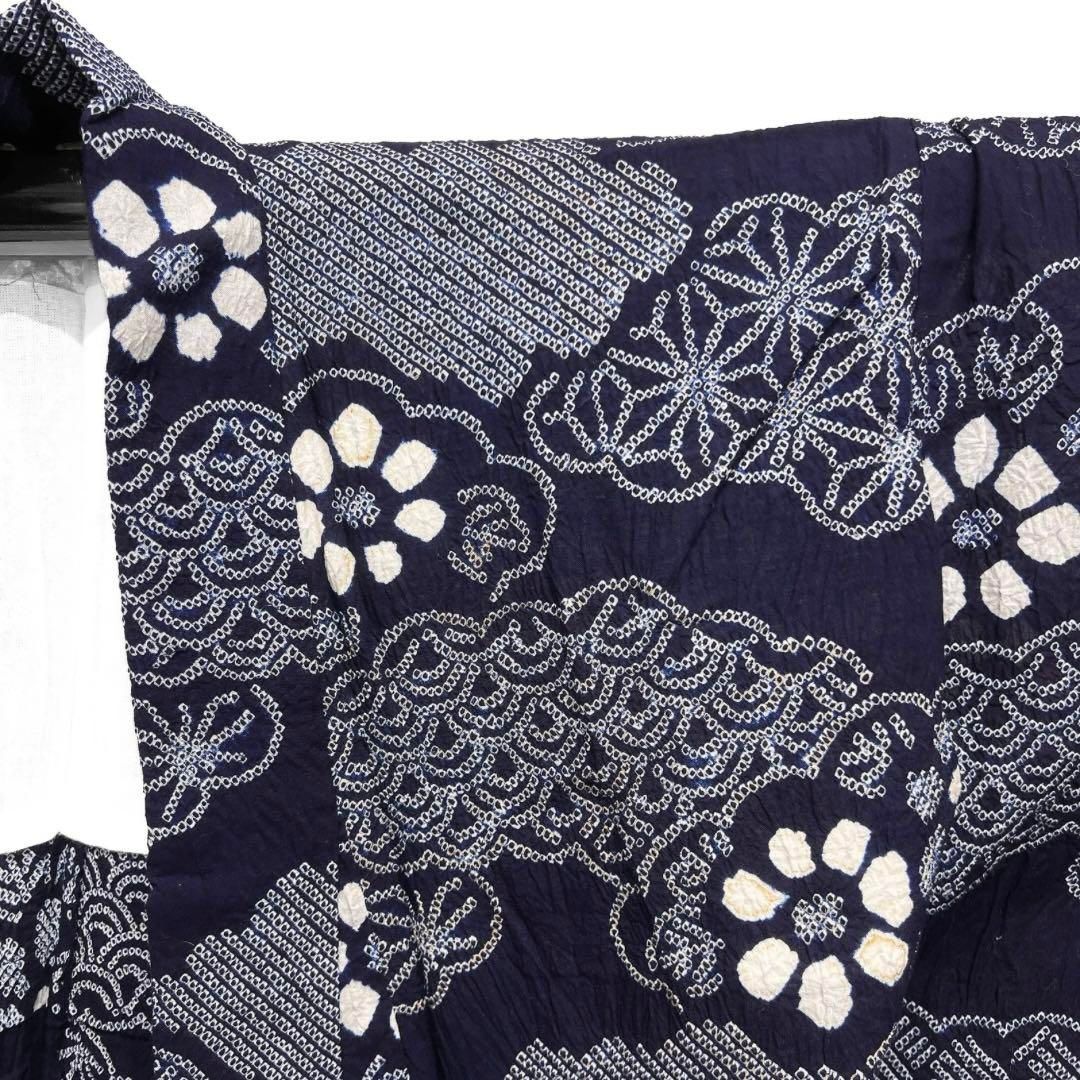 浴衣 有松鳴海絞り 花 青海波 麻の葉 雲 日垣 藍染 着物 074a d