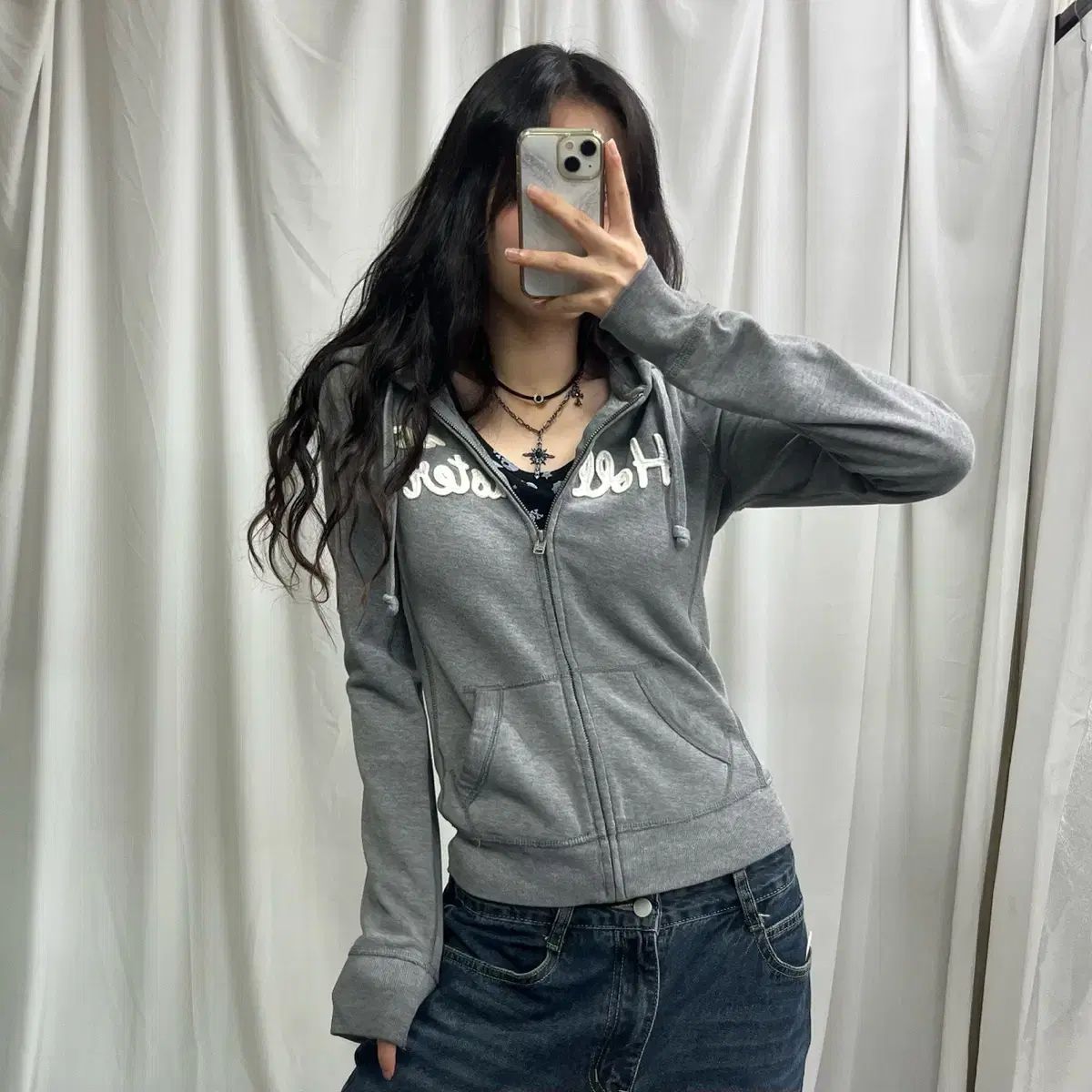 [HOLLISTER] ファーフード付き フーディー　パーカー グレー M Hollister(ホリスター) グレー ジップアップパーカー フード付き