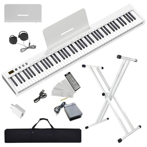 ピアノスタンドセット ニコマク NikoMaku 電子ピアノ 88鍵盤 SWAN-S 日本語表記 MIDI対応 コンパクト 軽量 スリムデザイン 充電型 初心者 スタンド ソフトケース ペダル 練習用イヤホン 鍵盤シール 日本語説明書付き 白mp