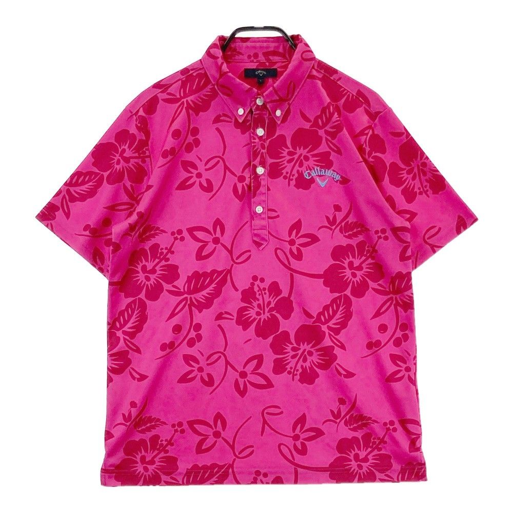 【極美品】Callaway キャロウェイ ハイビスカス柄 総柄 吸水速乾素材 半袖ポロシャツ LL ピンク系 メンズ 紳士 夏物 ゴルフウェア CALLAWAY キャロウェイ クロップドパンツ ストライプ ハイビスカス 総