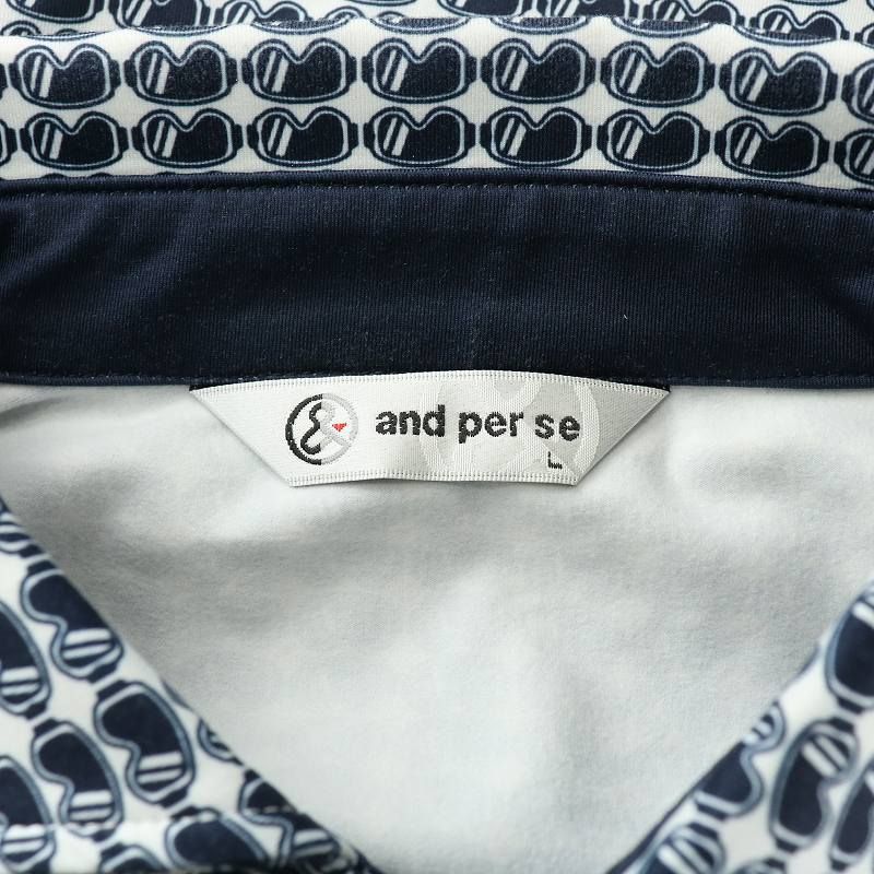 美品【and per se】アンパスィ 総柄 長袖ポロシャツ ゴルフ ネイビー and per se アンパスィ 長袖ポロシャツ ネイビー×白 ストライプ