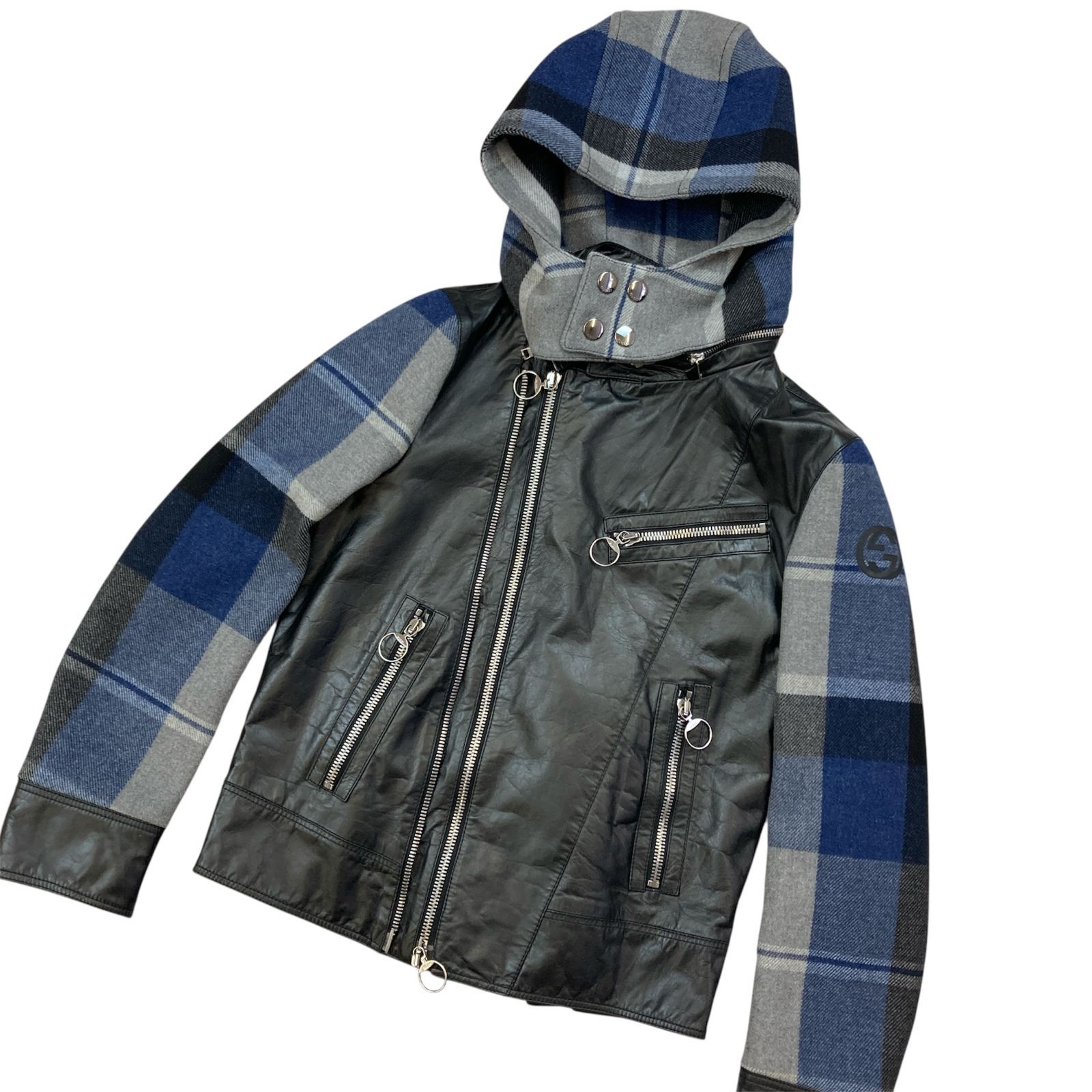 GUCCI グッチ ドッキングレザー ダブルライダースジャケット 44サイズ 226297 XM786 ブラック レザー ブルー チェック ウール GG ロゴ レディース メンズ PAWNSHOPRiZ パウンショップリズ