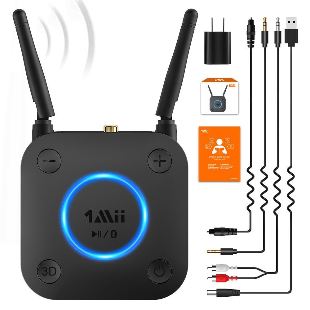 1Mii Bluetoothオーディオレシーバー 3.5mm|RCA|同軸|光デジタルブルートゥース 5.1レシーバー aptX HD|低遅延|apt-X|AAC|SBC HiFiBluetooth 受信機 3Dサラウンドダブルアンテナ設計 有線スピーカーまた