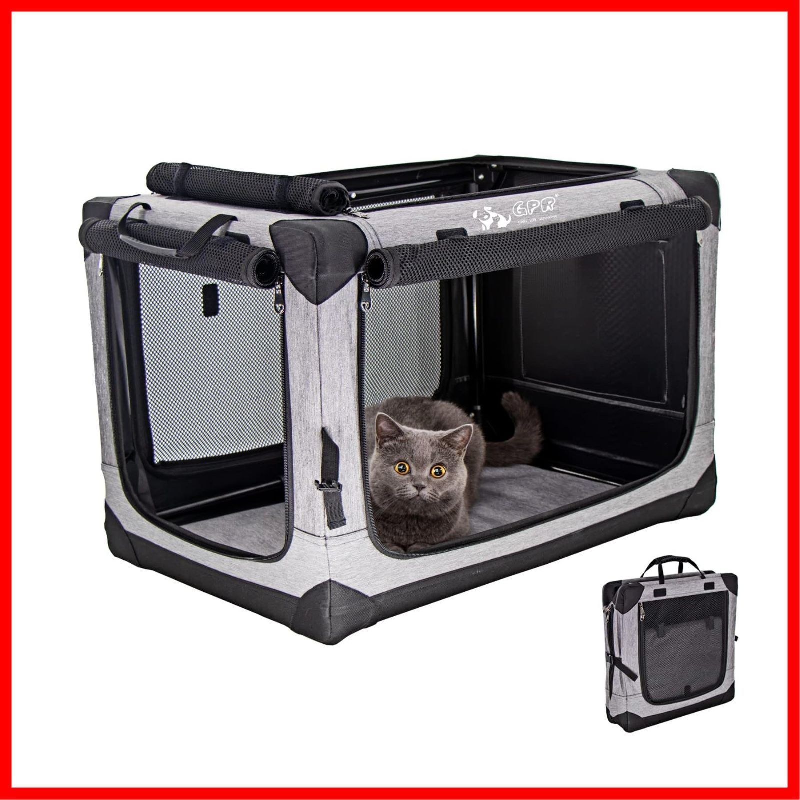 猫犬兼用 鉄フレーム 折りたたみ式 4面メッシュ出入口 カバー取り外せる 洗濯 ペットハウス ペットキャリー シルバグレー ケージ ソフトクレート M ペット GPR