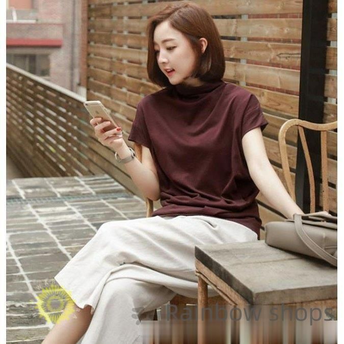 Tシャツ ブラウス トップス 半袖 レディース 春 夏 ベーシック ゆったり ハイネック フレンチスリーブ きれいめ 定番　コットン 大セール 新品未使用】Tシャツ ブラウス トップス 半袖 レディース 春 夏