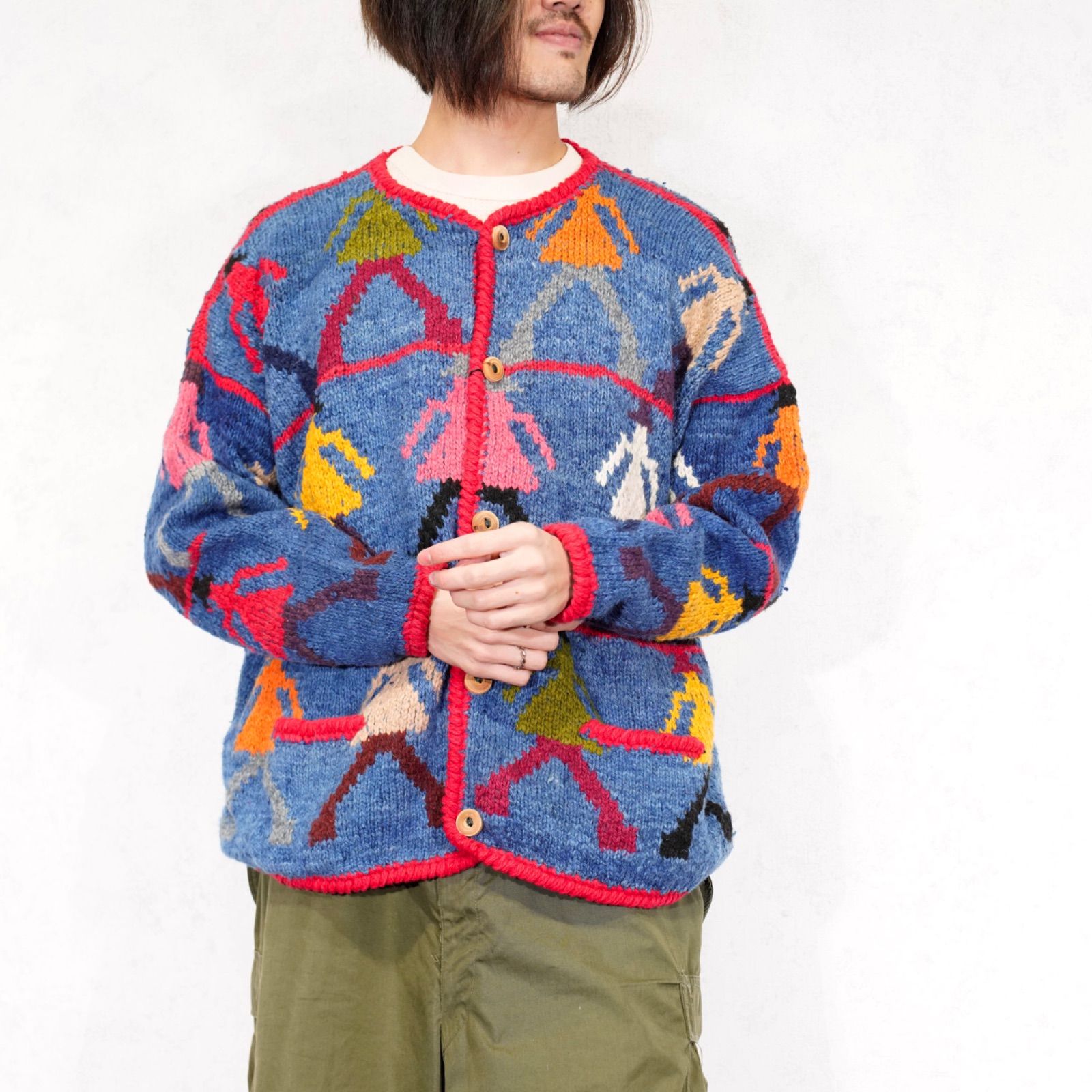 USA VINTAGE AMANO HUMAN PATTERNED DESIGN KNIT CARDIGAN アメリカ古着人間柄デザインニットカーディガン