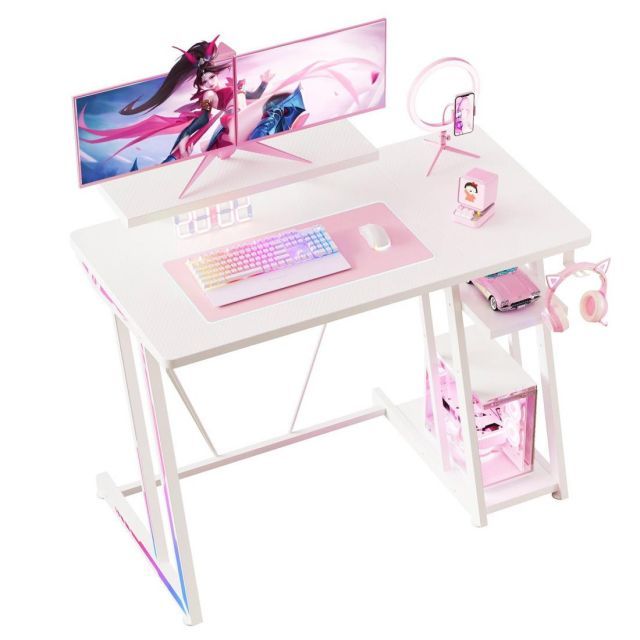 YeTom ゲーミングデスク 100cm 2段収納棚付き 高さ調整 カーボン製ゲームデスク 60cmモニター支架 eスポーツ|在宅ワーク対応 ホワイト