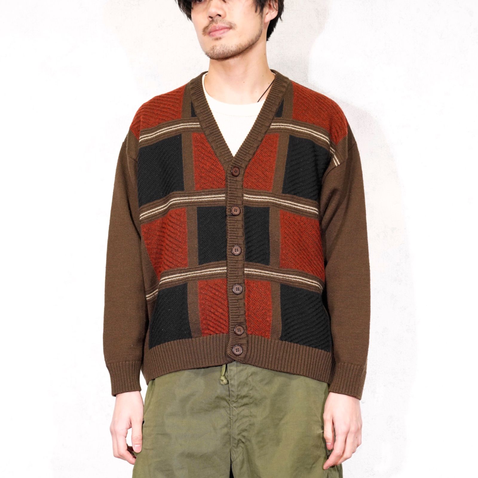 USA VINTAGE BLOCK CHECK PATTERNED DESIGN KNIT CARDIGAN|アメリカ古着ブロックチェック柄デザインニットカーディガン