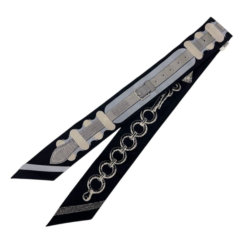 エルメス HERMES ツイリー ブリッド ア ブロック 詩的な目録 H064288S 10 黒 グレー クレーム シルク レディース スカーフ