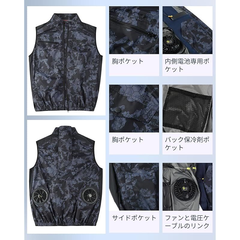 速乾作業着UVカットチタンコーティング大風量の背面風路熱中症対策 黒迷彩ベスト