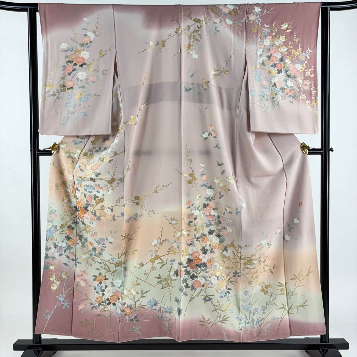 訪問着 身丈155cm 裄丈63cm S 袷 落款あり 菊 橘 金糸 金銀彩 ピンク 正絹 名品