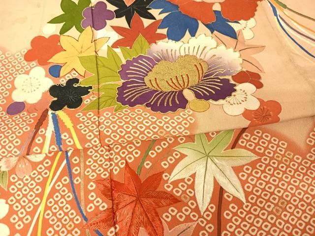 平和屋着物○アンティーク 大正ロマン 振袖 駒刺繍 草花文 久寿