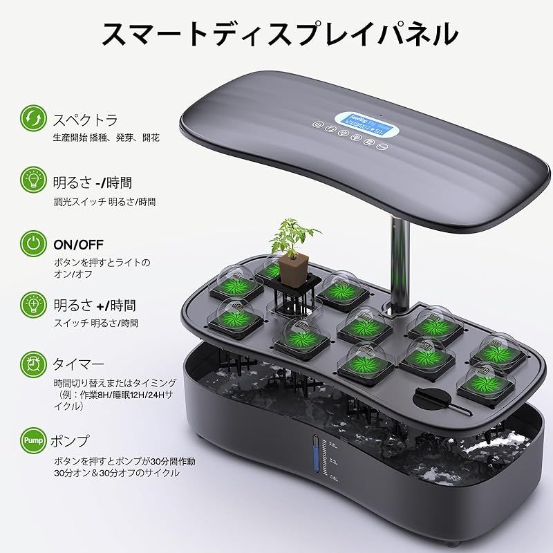 水耕栽培キット LED植物成長ライトとスマートディスプレイを搭載し 簡単に操作できます 自動水循環システムとタイマー機能により 3つの栽培モードが提供され 12種類の植物を栽培できます 栽培キットの高さと照明明るさは 植物の成長段階に応じて調整 これに 0