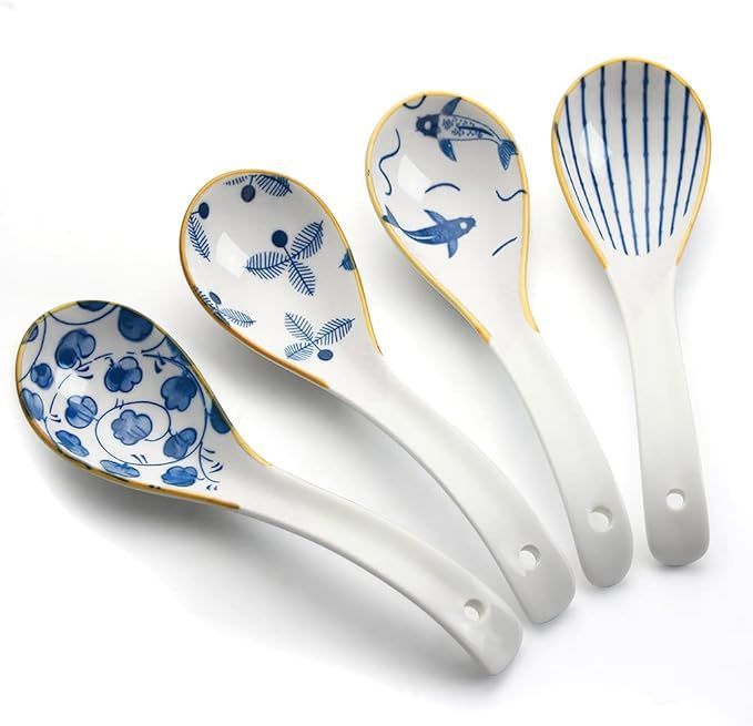 【在庫処分】YFWOOD スプーン レンゲ 4本 16cm 陶磁器 ゴールド スープスプーン カーブ形状 長いハンドル ディナースプーン カレー ラーメン 料理用 業務用 家族用
