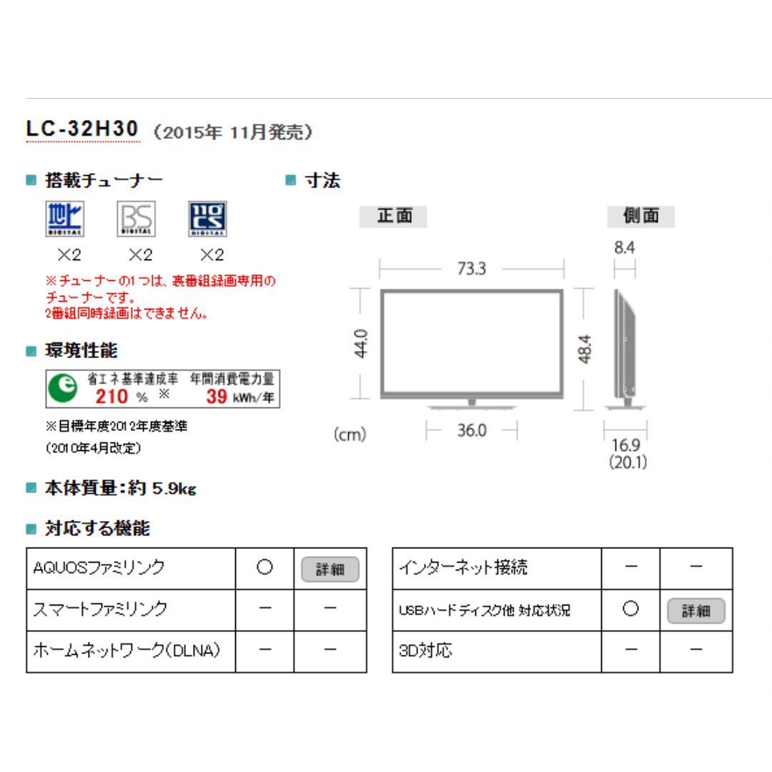 【LC-32H30】液晶テレビ　SHARP　AQUOS　2015年製　32型　シャープ　32インチ-5