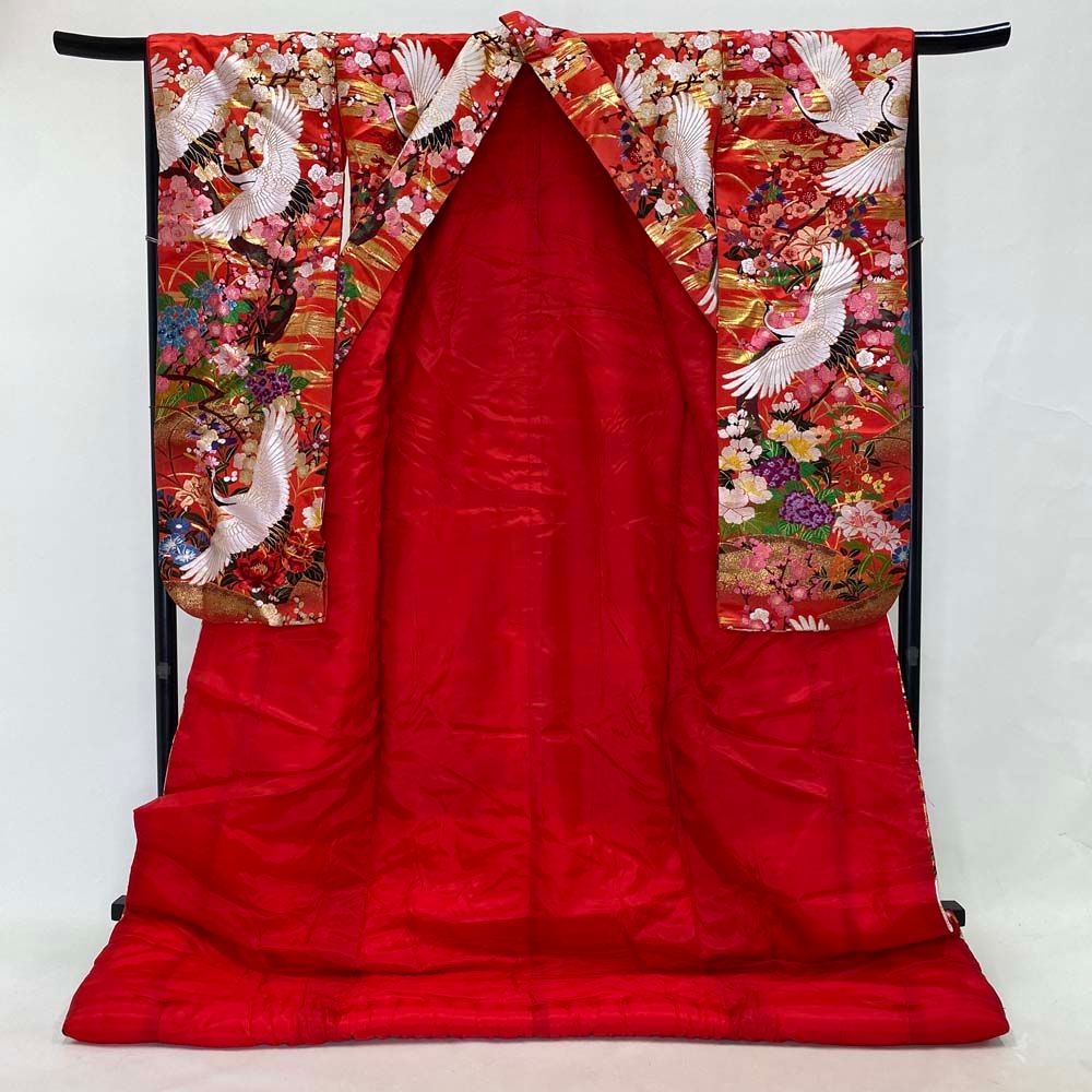色打掛 正絹 鶴 刺繍 金 赤 打掛 Mサイズ 裄65.5 花嫁衣裳 婚礼  