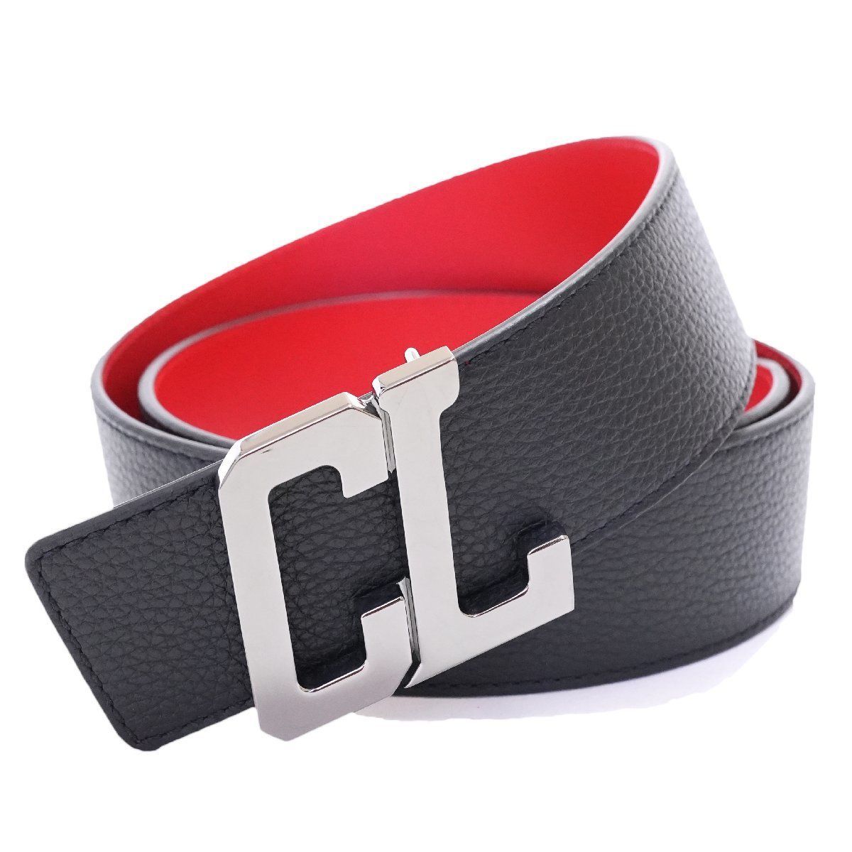 ブラック レザー ベルト シルバー バックル　クリスチャン　ルブタン LOUIS BELT 35 BLACK/SILVER/SILVER Classic Leather - Belts